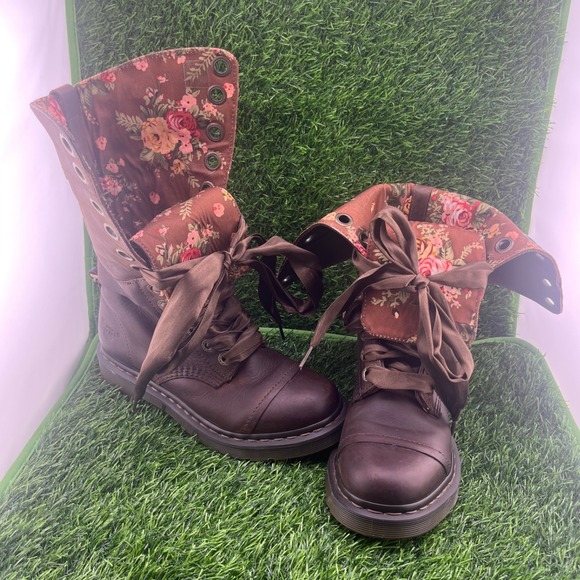Dr. Martens Triumph Brown Leather Fold-Down Floral Combat Boots Women 8 EU 39 - Picture 7 of 16